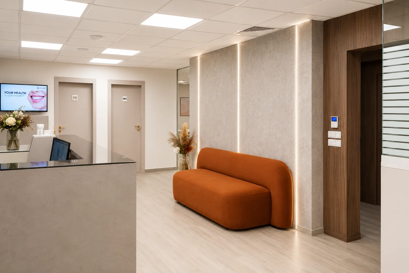 Banquette caramel et accueil contemporain de la clinique